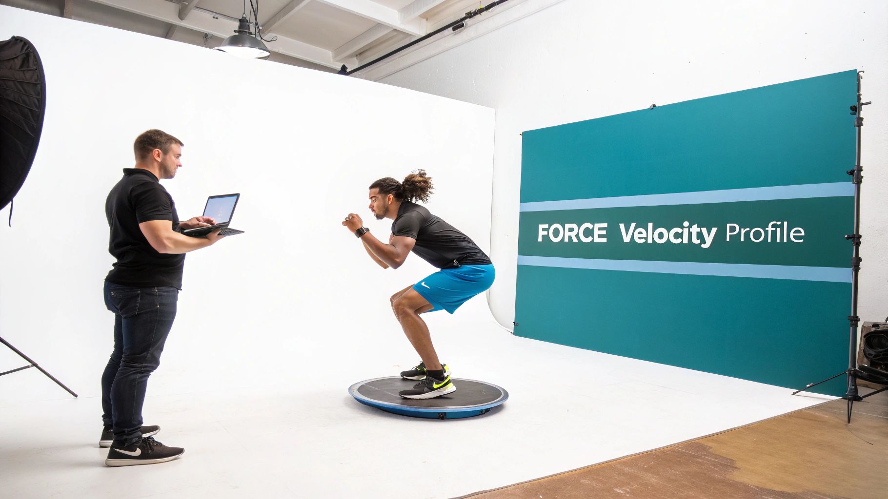 Two men in a studio, one monitors a laptop while another squats on a force plate for a velocity profile test.
