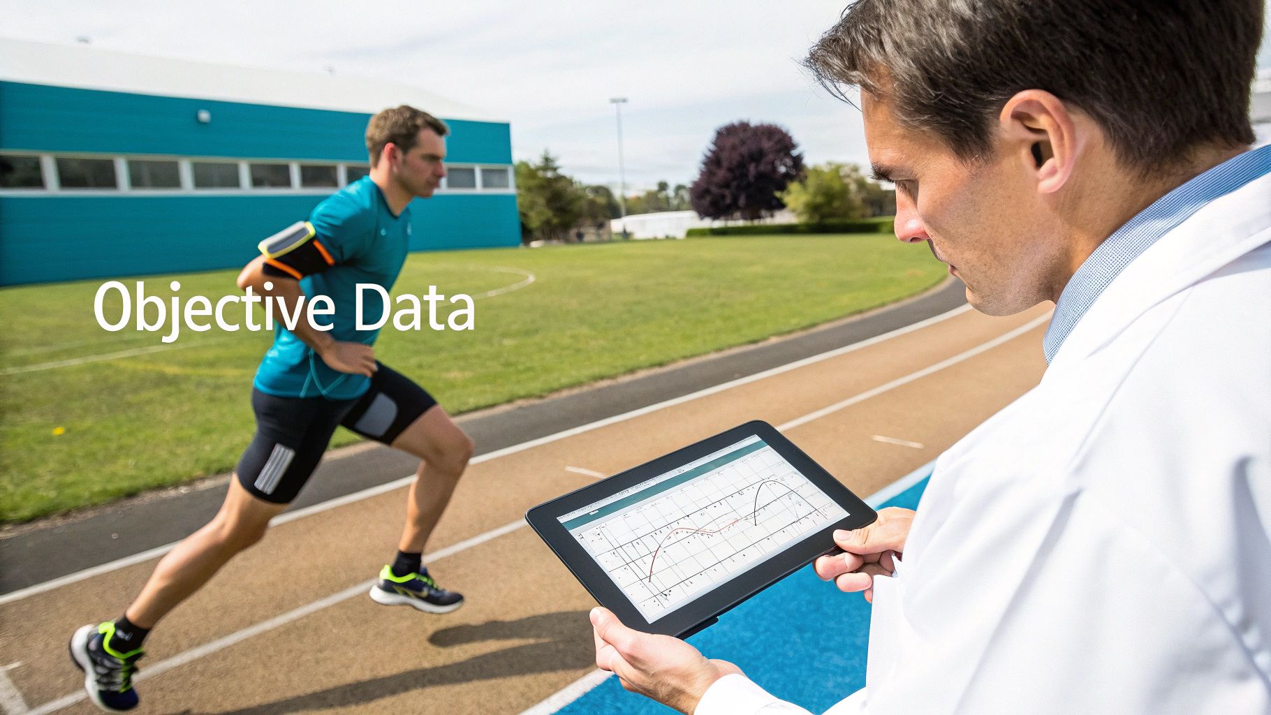A healthcare professional analyzes performance data on a tablet while an athlete runs on a track.
