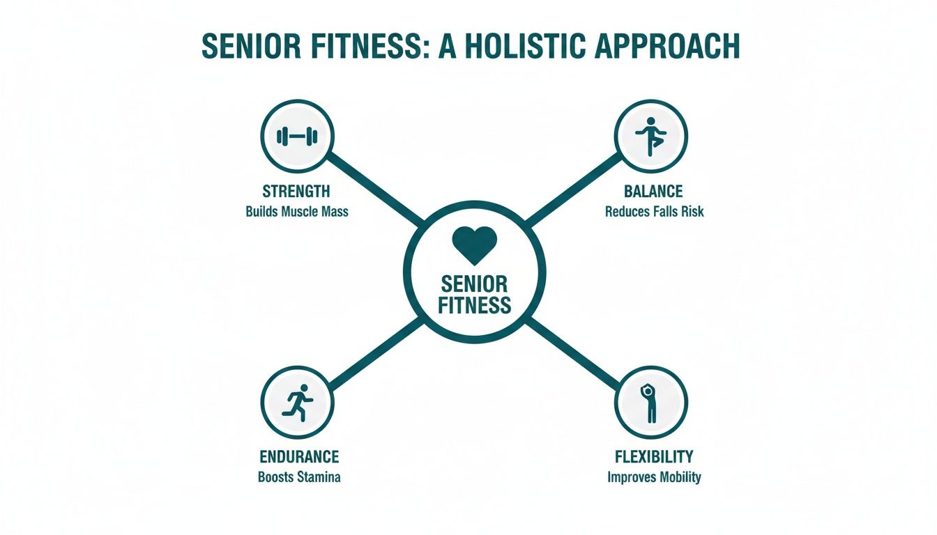 A diagram titled 'Senior Fitness: A Holistic Approach' showing four key elements: Strength, Balance, Endurance, and Flexibility.