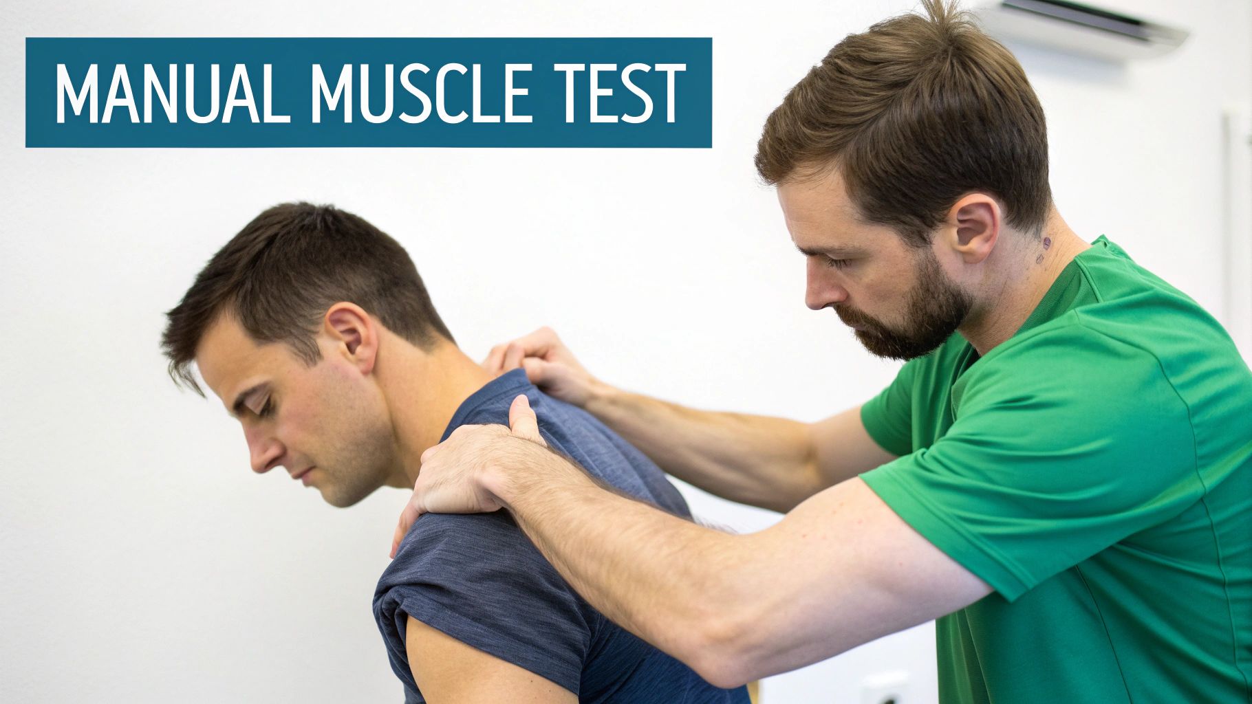 A physical therapist performs a manual muscle test on a male patient's shoulder and upper back.