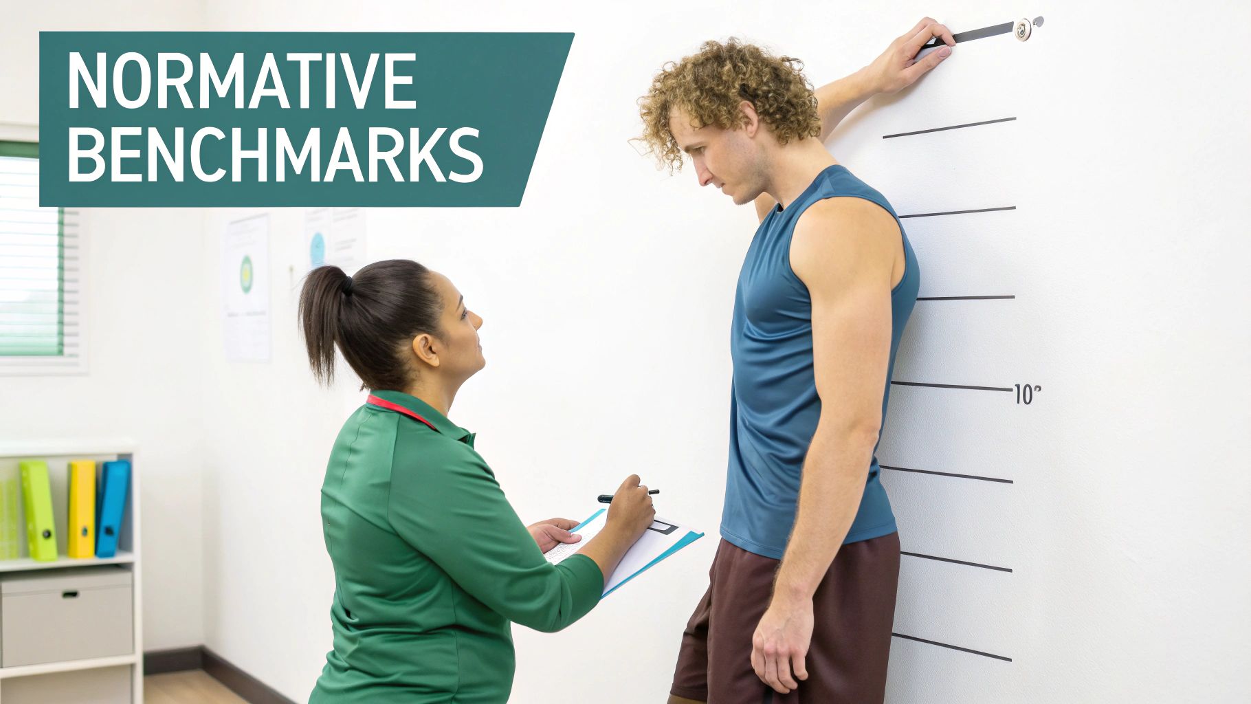 A medical professional or trainer measures a man's posture against a wall with markings, holding a clipboard.