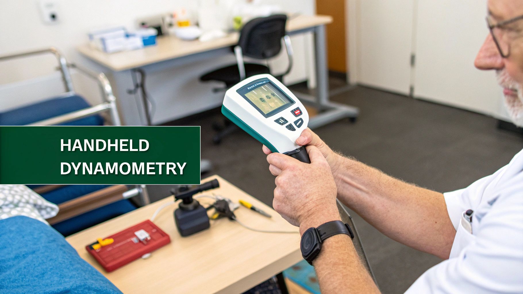 A medical professional uses a handheld dynamometer to assess muscle strength in a clinical environment.