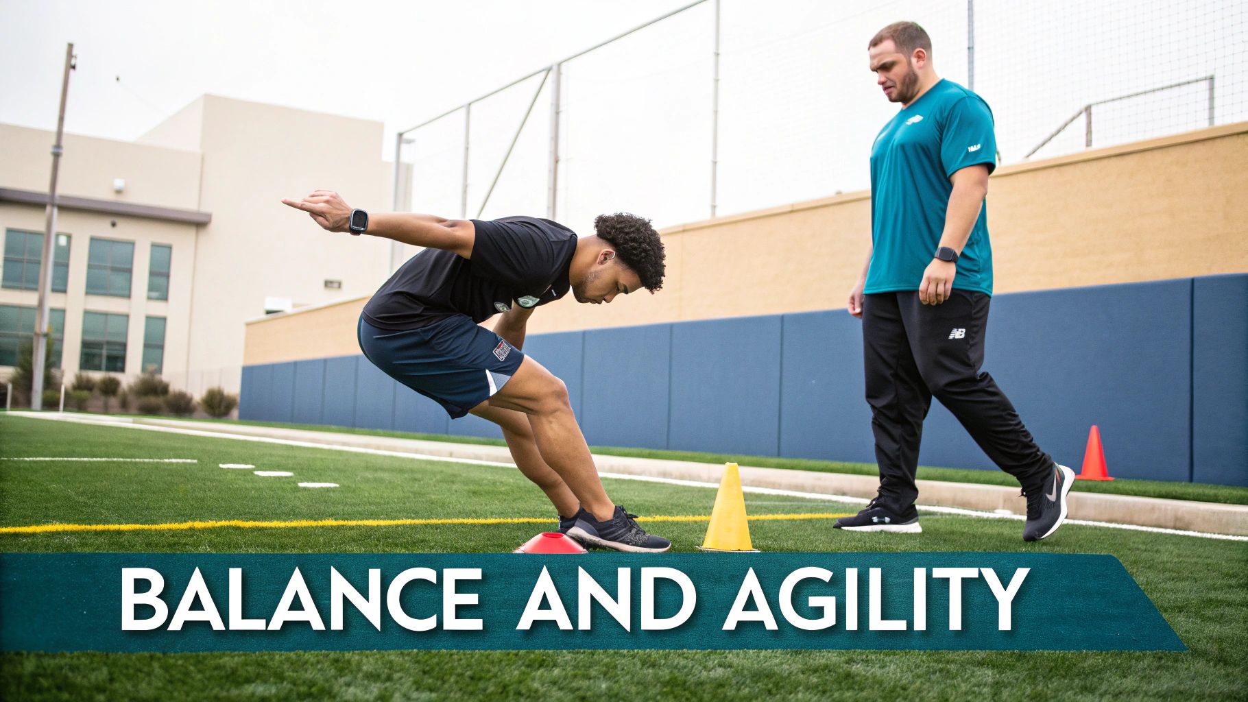 An athlete performs a balance and agility drill on a turf field with a trainer.