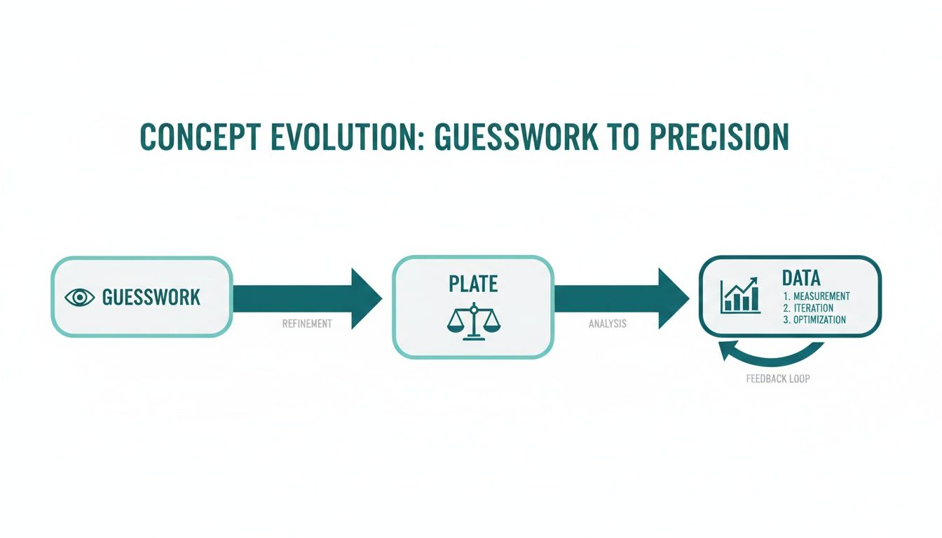 Flowchart detailing concept evolution from initial guesswork to data-driven precision through refinement and analysis.