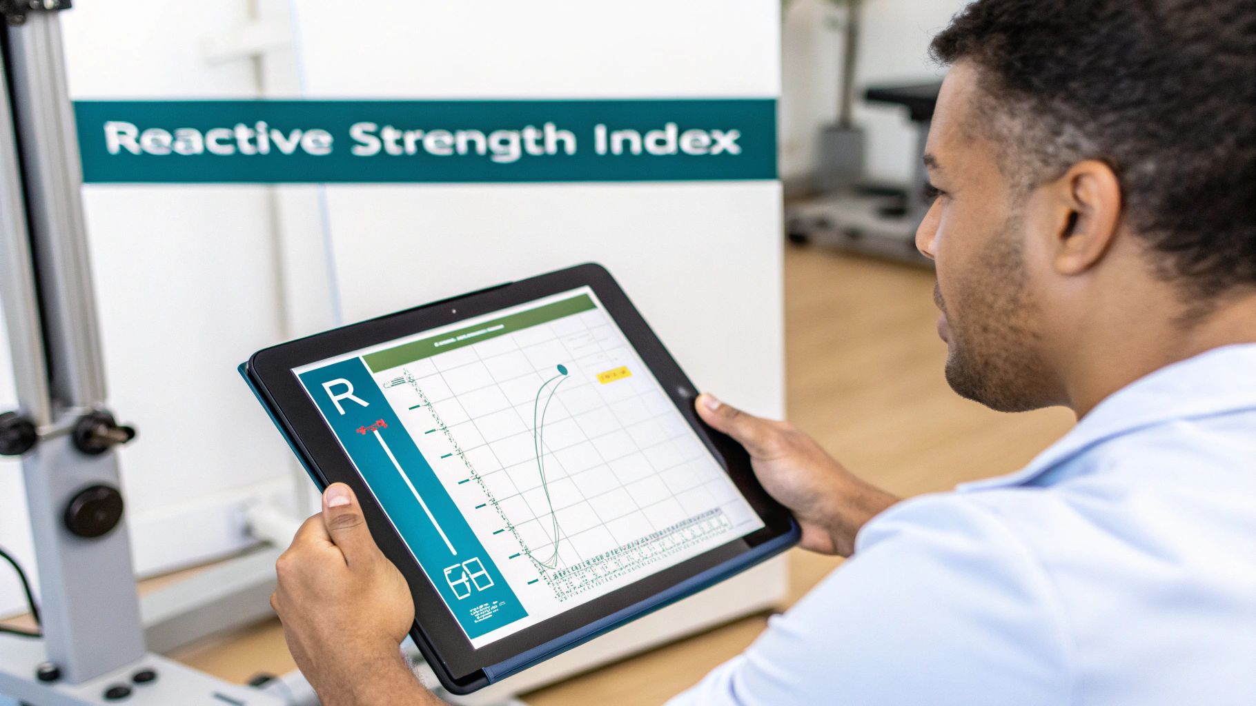Man views a tablet displaying a Reactive Strength Index graph during a physical assessment.