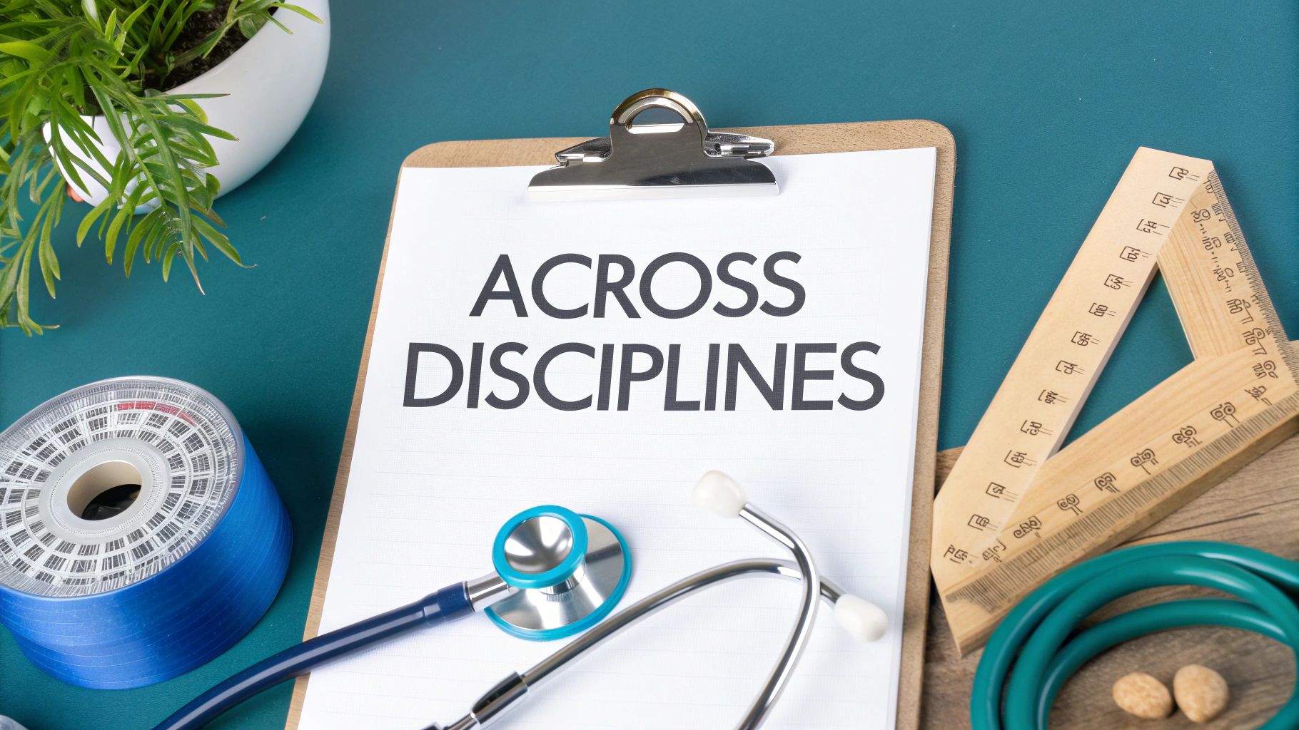Clipboard with 'ACROSS DISCIPLINES' text, stethoscope, and medical items on a teal desk.