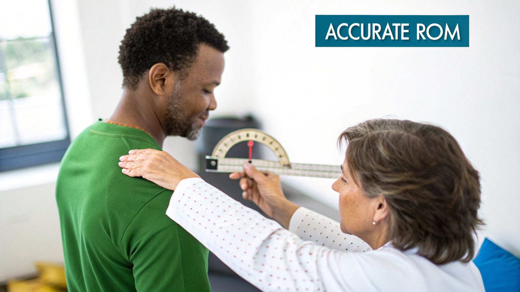 A physical therapist accurately measures a man's shoulder range of motion using a goniometer during a test.
