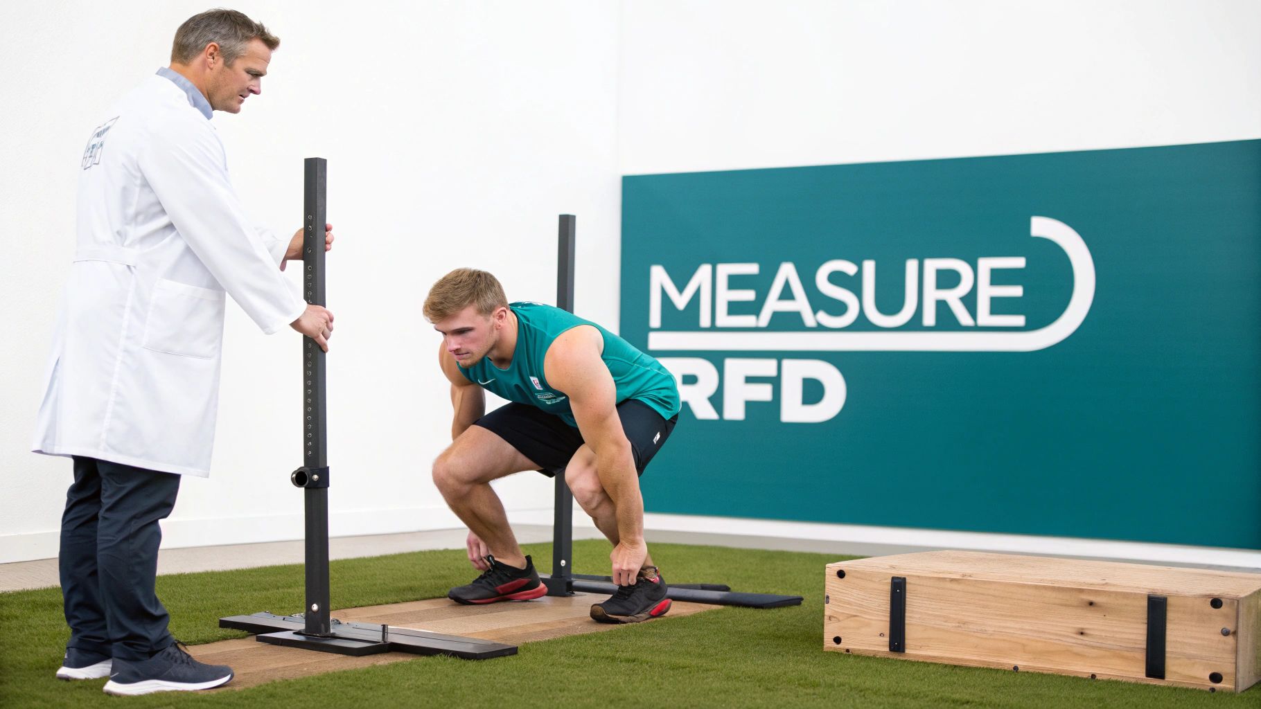 A coach in a lab coat observes an athlete performing a mid-thigh pull on a force plate.