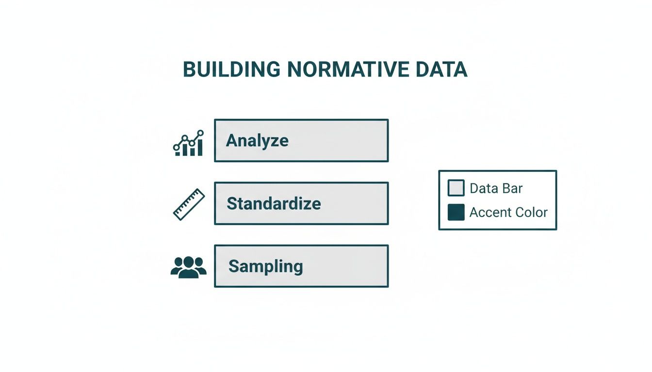 Infographic outlining steps for building normative data: Analyze, Standardize, Sampling, with a color legend.