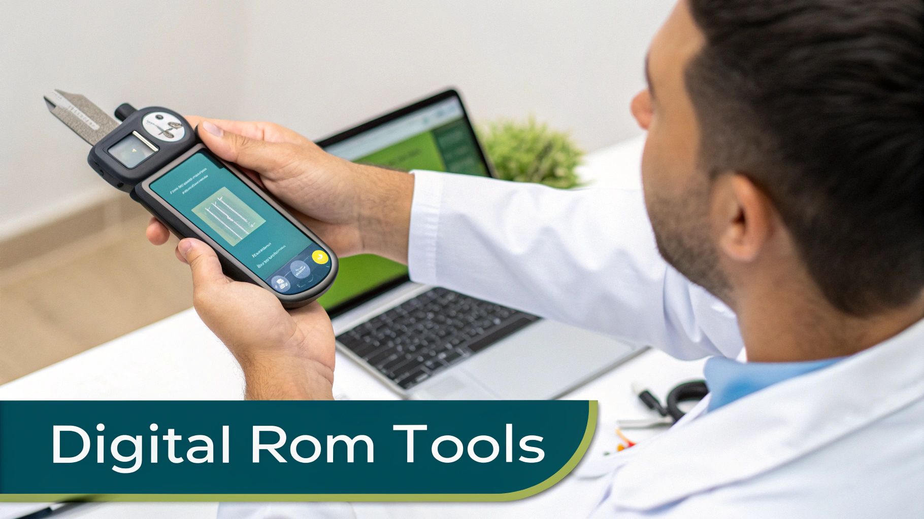 Healthcare professional uses a digital range of motion tool with a smartphone app for analysis.