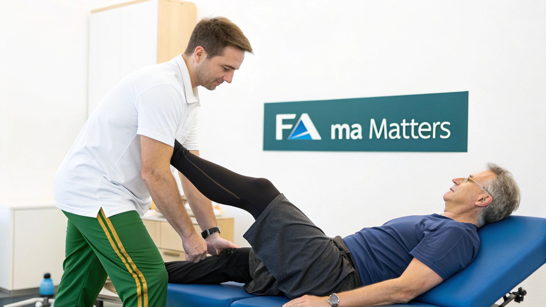 A physiotherapist using a device to measure a patient's leg strength, demonstrating force in a clinical setting.