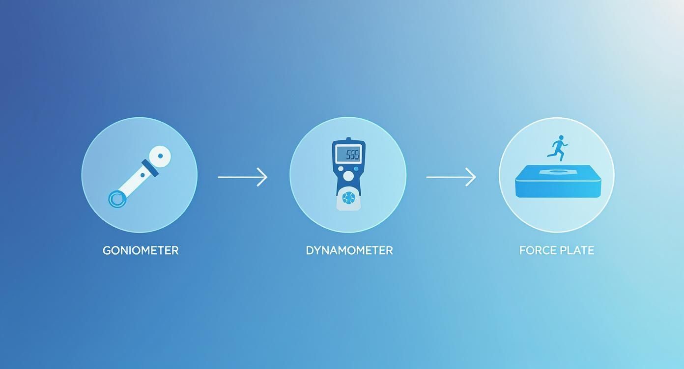 A sequential diagram showing three biomechanical assessment tools: a goniometer, dynamometer, and force plate.