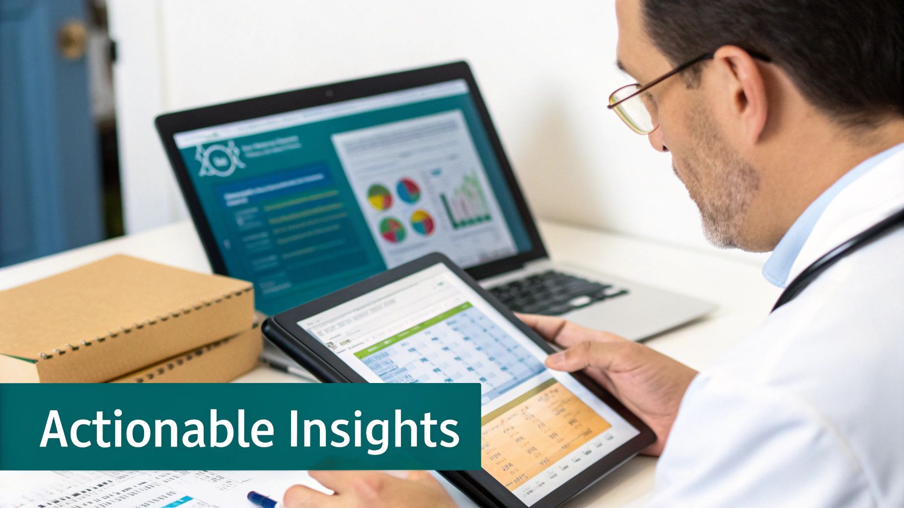 Healthcare professional reviews patient data and medical analytics on a tablet and laptop.