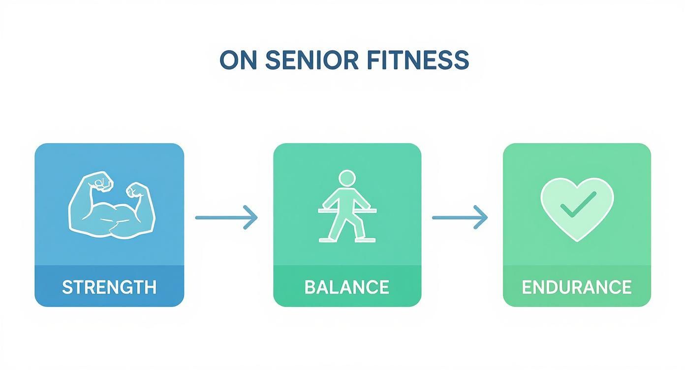 Diagram illustrating senior fitness, connecting strength (biceps), balance (person), and endurance (heart with checkmark) with arrows.