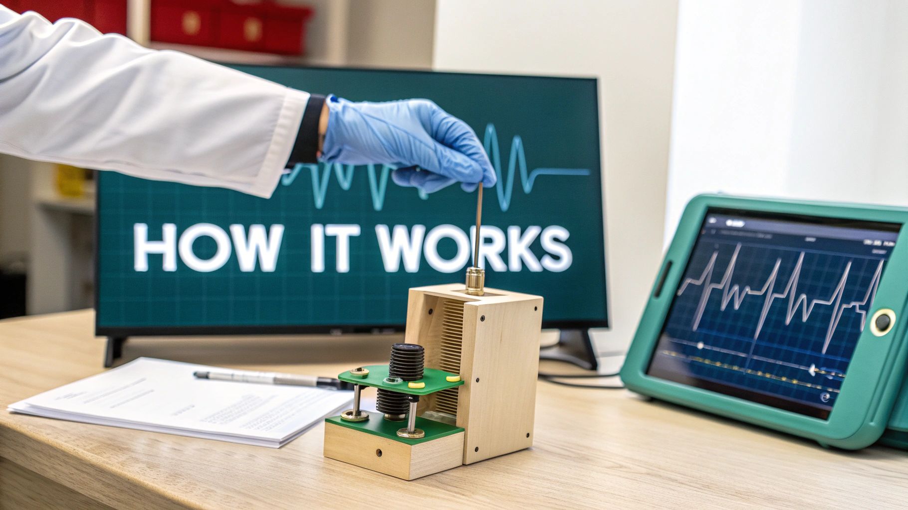 A gloved hand demonstrates a wooden scientific device with a monitor displaying 'HOW IT WORKS' and a tablet showing data.