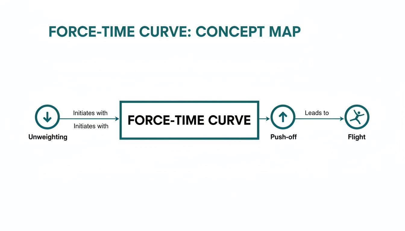 Concept map illustrating the force-time curve, showing unweighing initiating it, leading to push-off and flight.