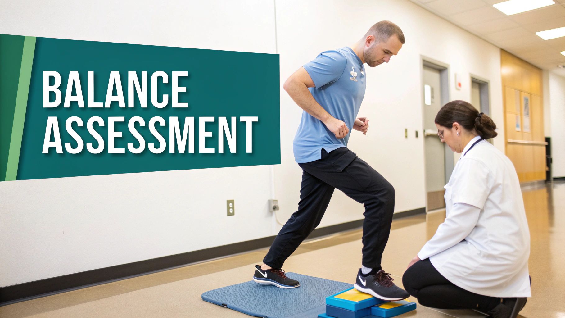 A man performs a balance assessment exercise observed by a therapist, with overlaid text 'BALANCE ASSESSMENT'.