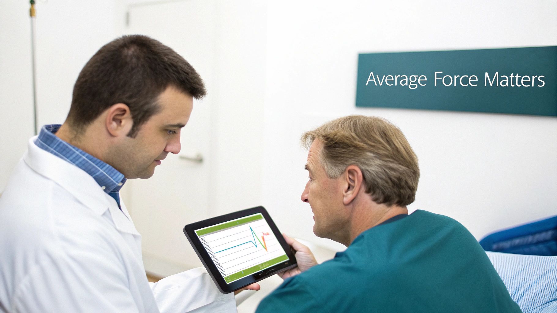 A doctor and patient review medical data on a tablet, with 'Average Force Matters' displayed.