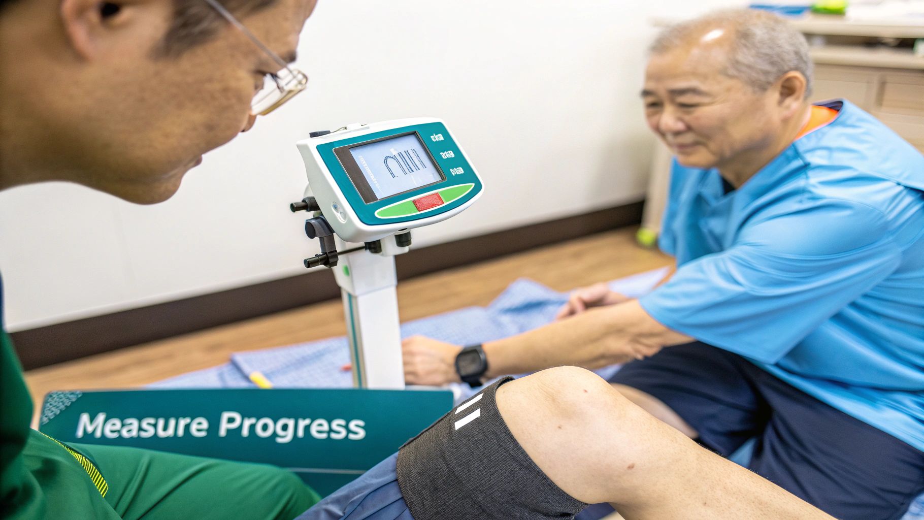 A healthcare professional measures an older patient's knee strength using a digital device.