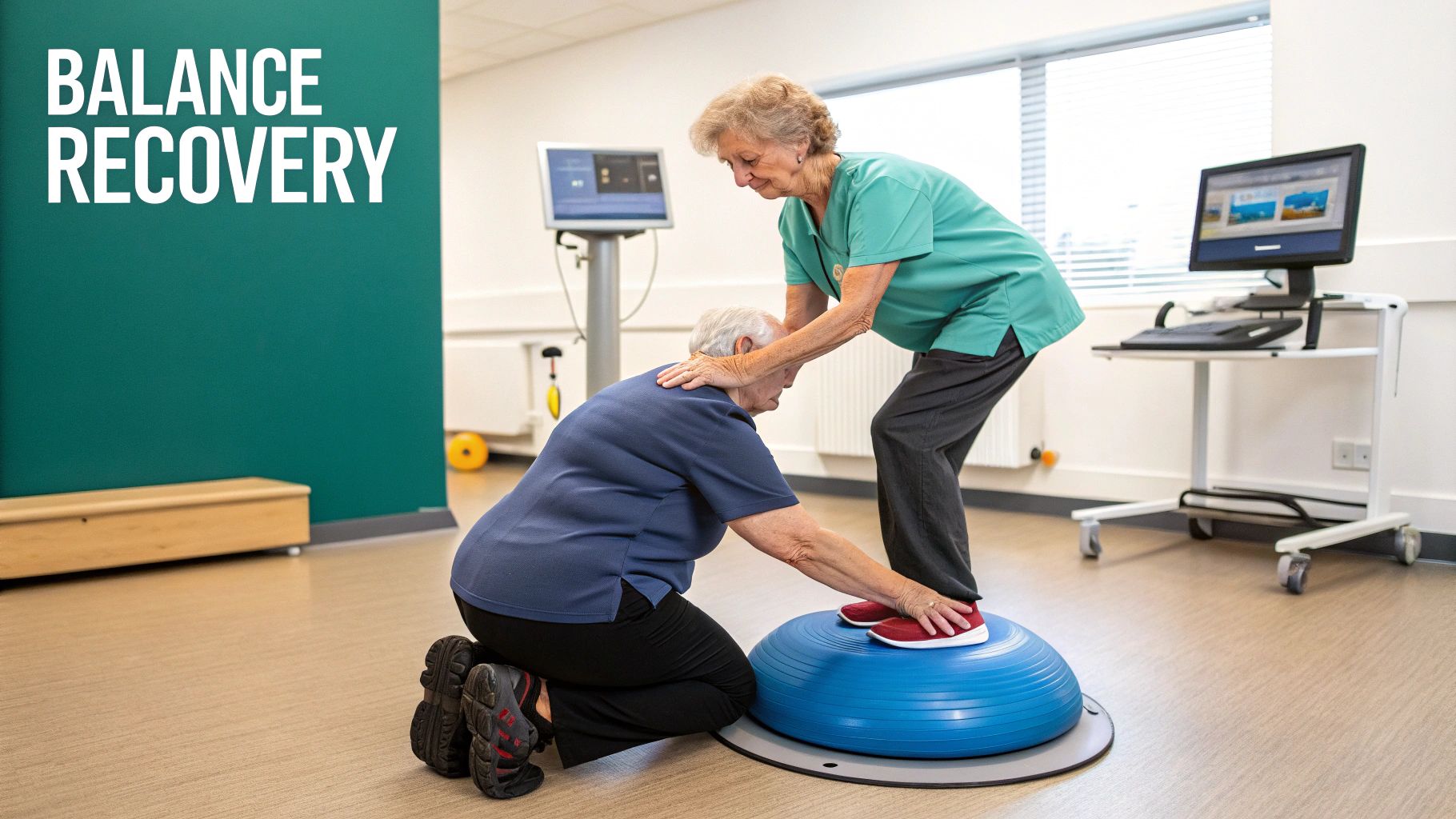 A physical therapist assisting a patient with balance exercises on a force platform.