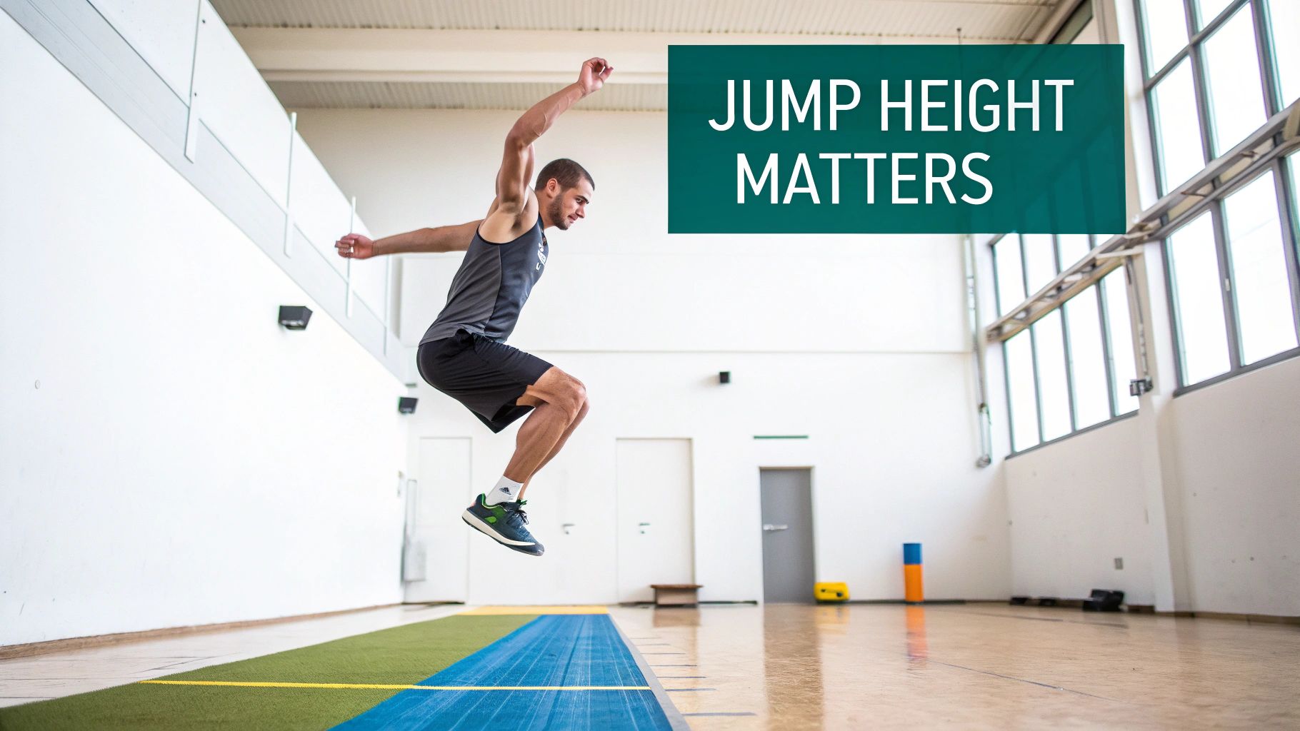An athlete in mid-air during a vertical jump, showcasing explosive power.