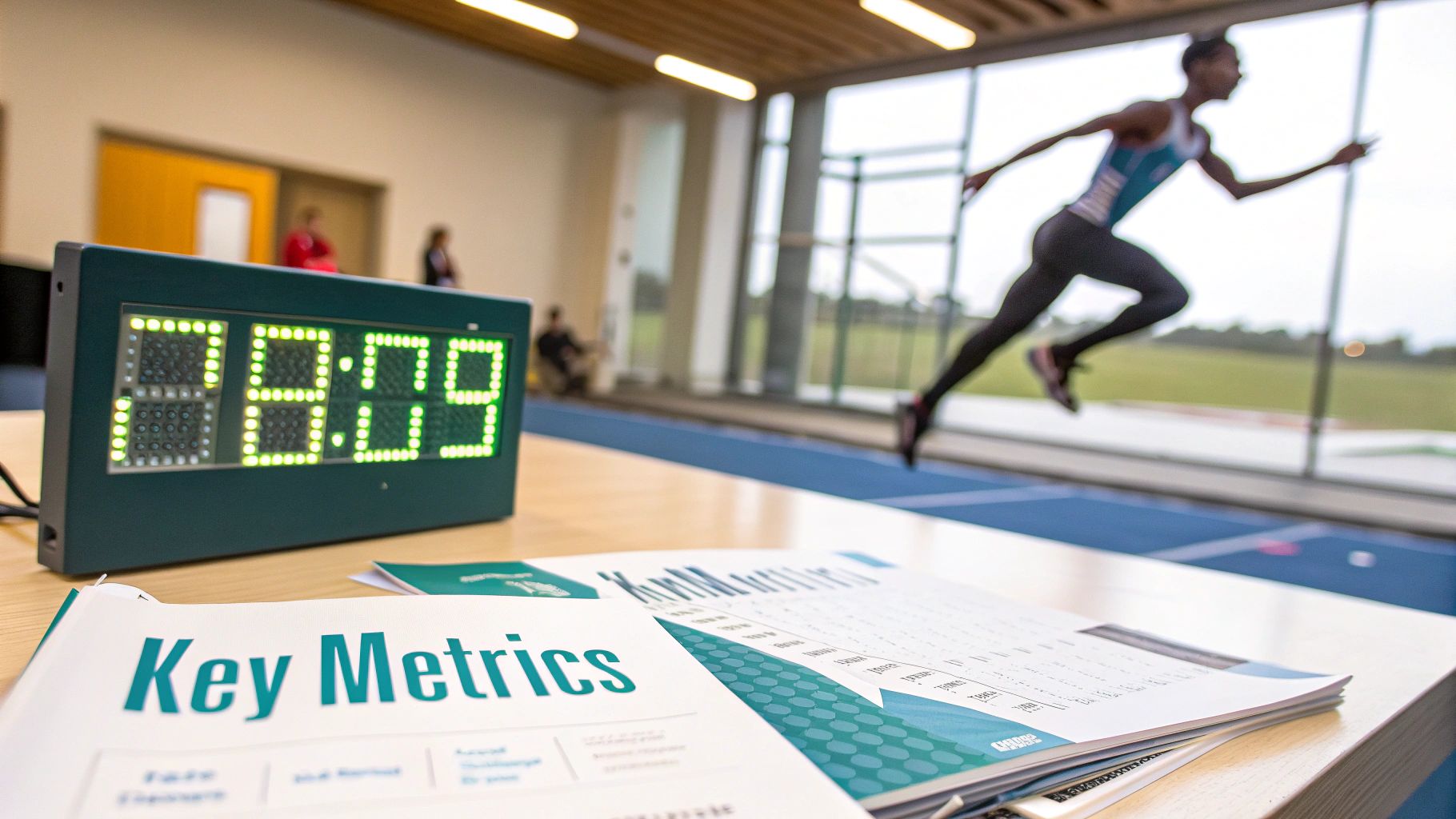 A digital timer displays 28:09 on a table with a 'Key Metrics' document, an athlete runs in the background.