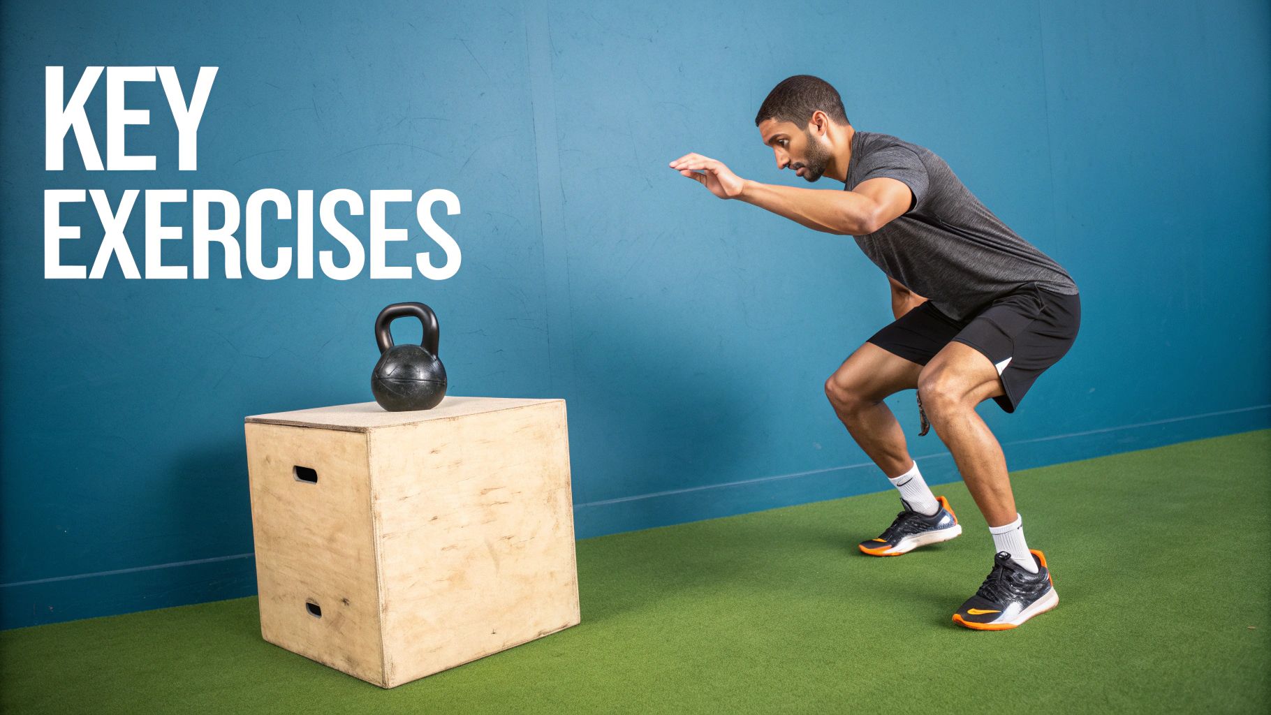 A person performing a plyometric push-up, a type of dynamic strength exercise.