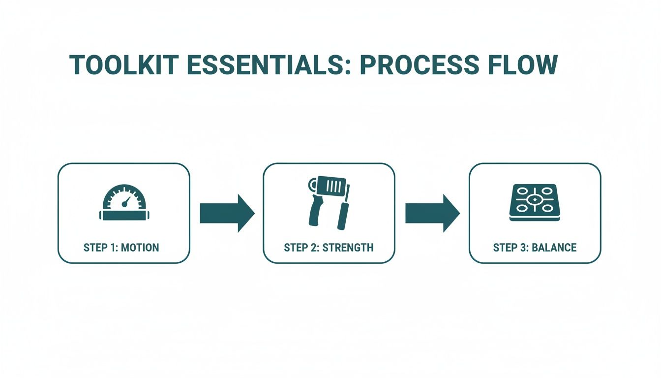 A toolkit essentials process flow diagram illustrating three steps: Motion, Strength, and Balance with icons.
