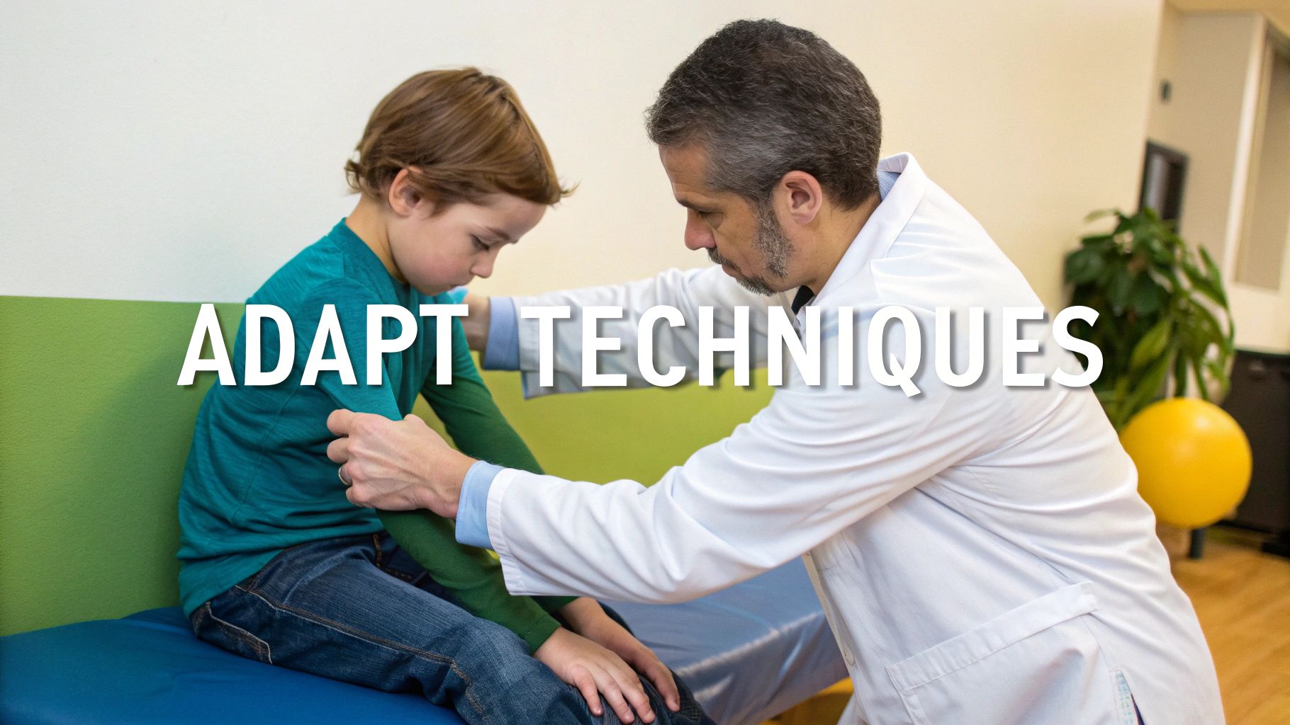 A doctor in a white coat gently examines a young boy's arm during a therapy session.