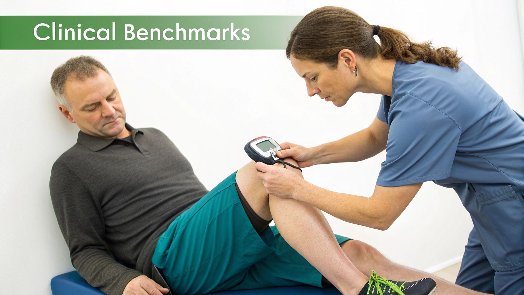 A physical therapist measures a male patient's knee with a medical device for clinical benchmarks.