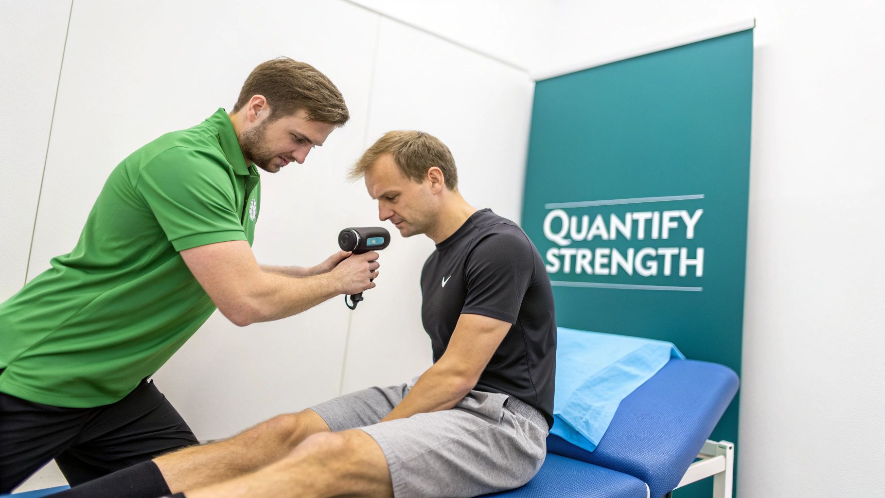 A physiotherapist using a digital dynamometer to measure a patient's leg strength.