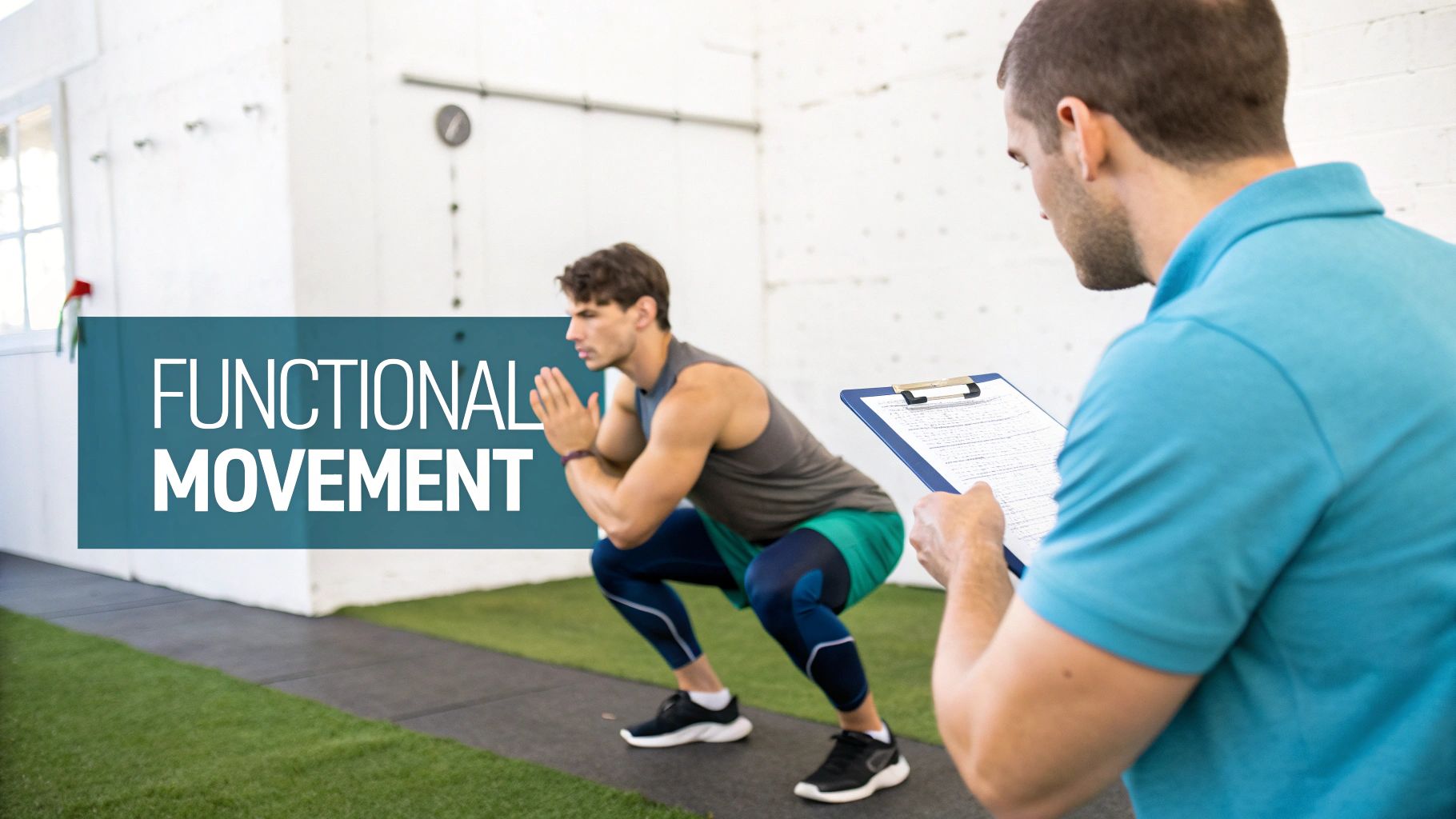 A trainer observes a man performing a functional squat exercise in a gym, holding a clipboard.