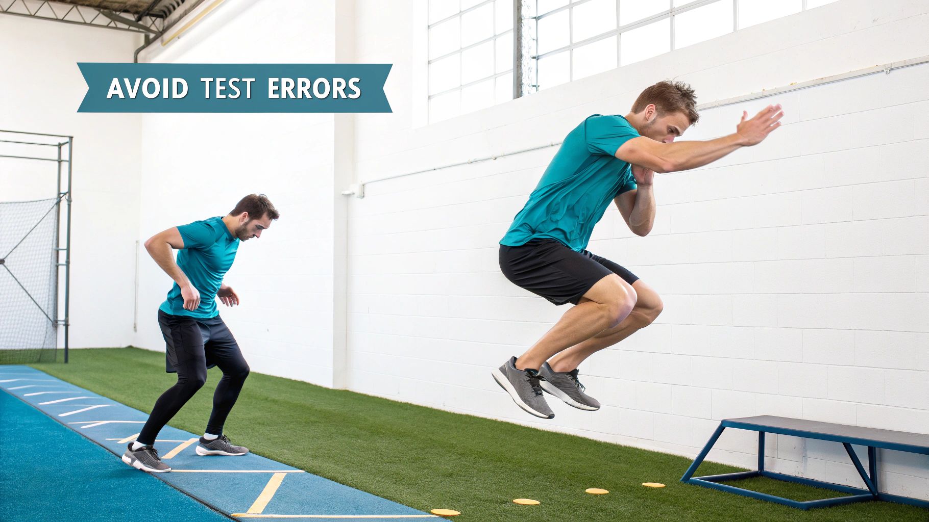 Two athletes performing vertical jump tests indoors on a mat and green turf.