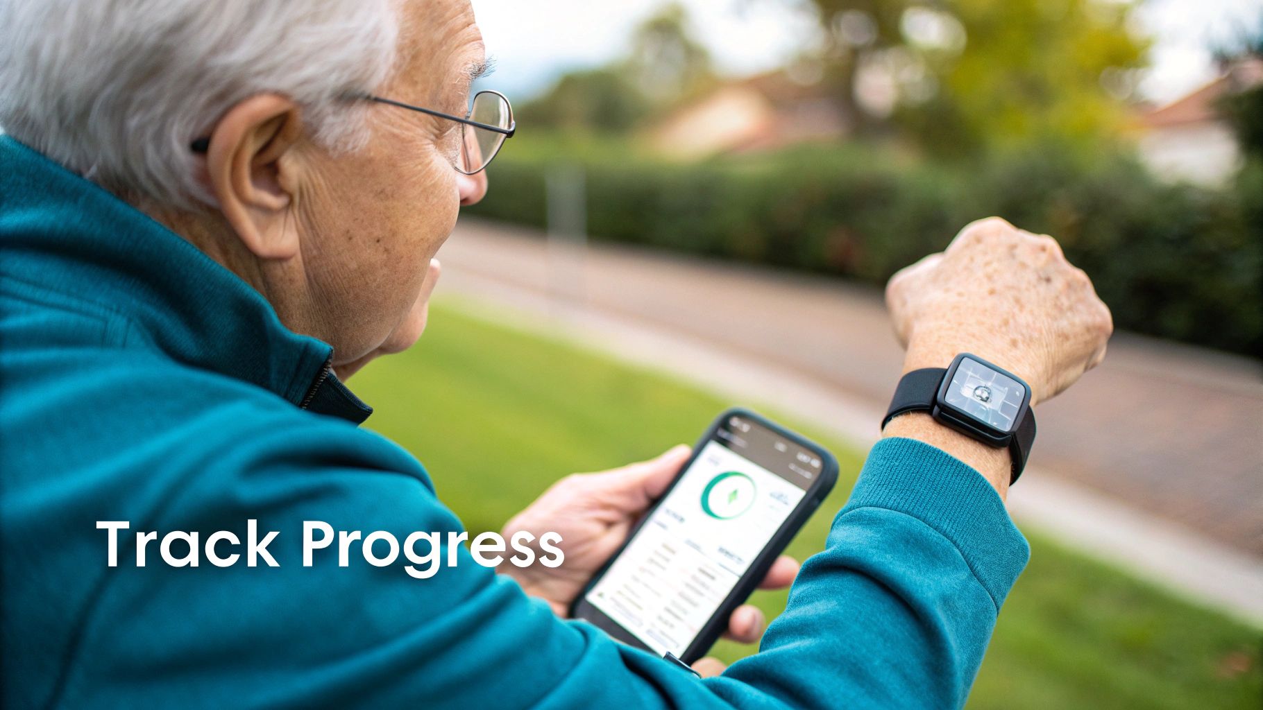 An older man tracks his fitness progress using a smartphone app and a smartwatch.