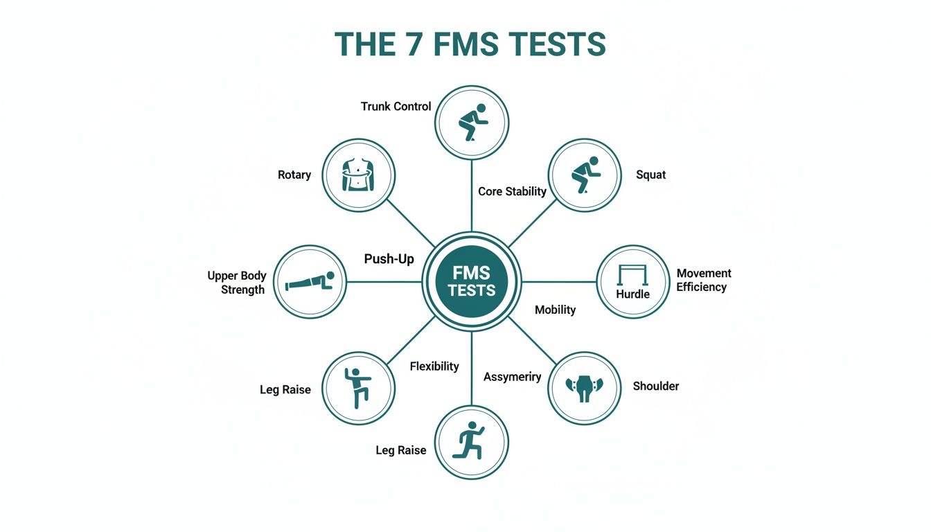 Infographic illustrating the 7 Functional Movement Screen (FMS) tests, including squat, hurdle, and push-up.