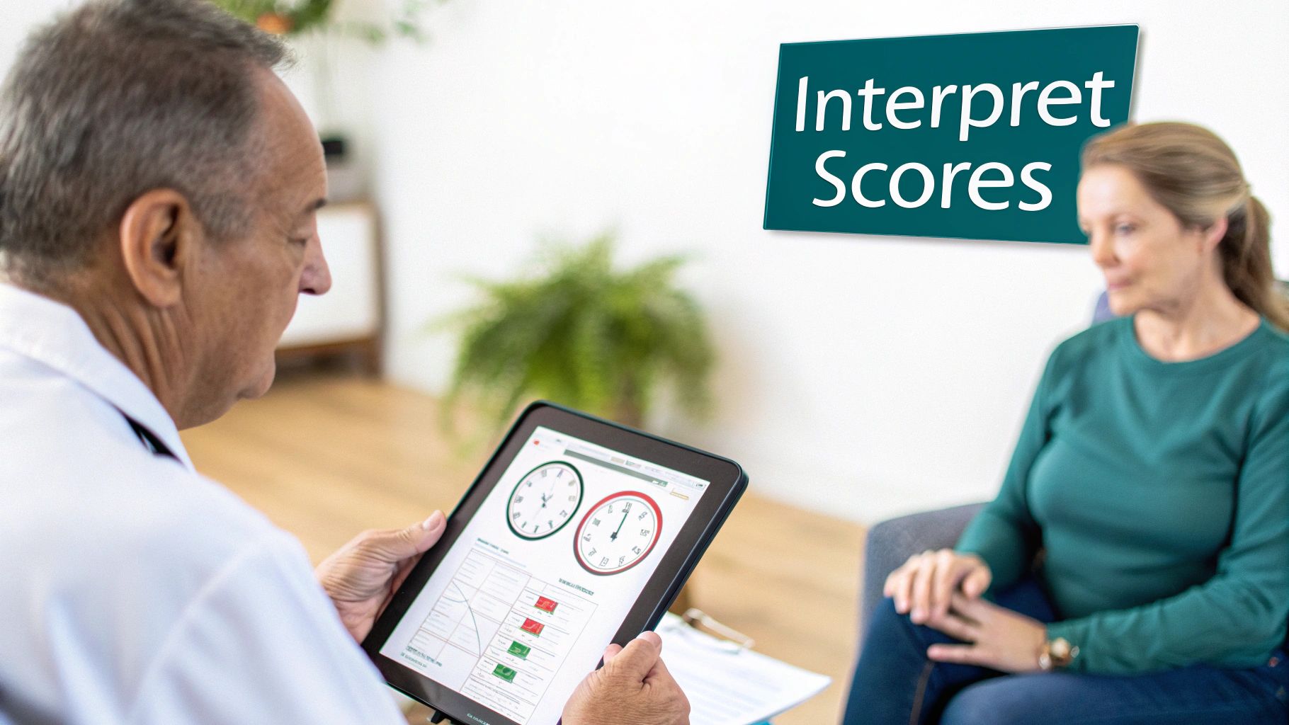 A physical therapist reviews data on a tablet with a patient, highlighting progress.