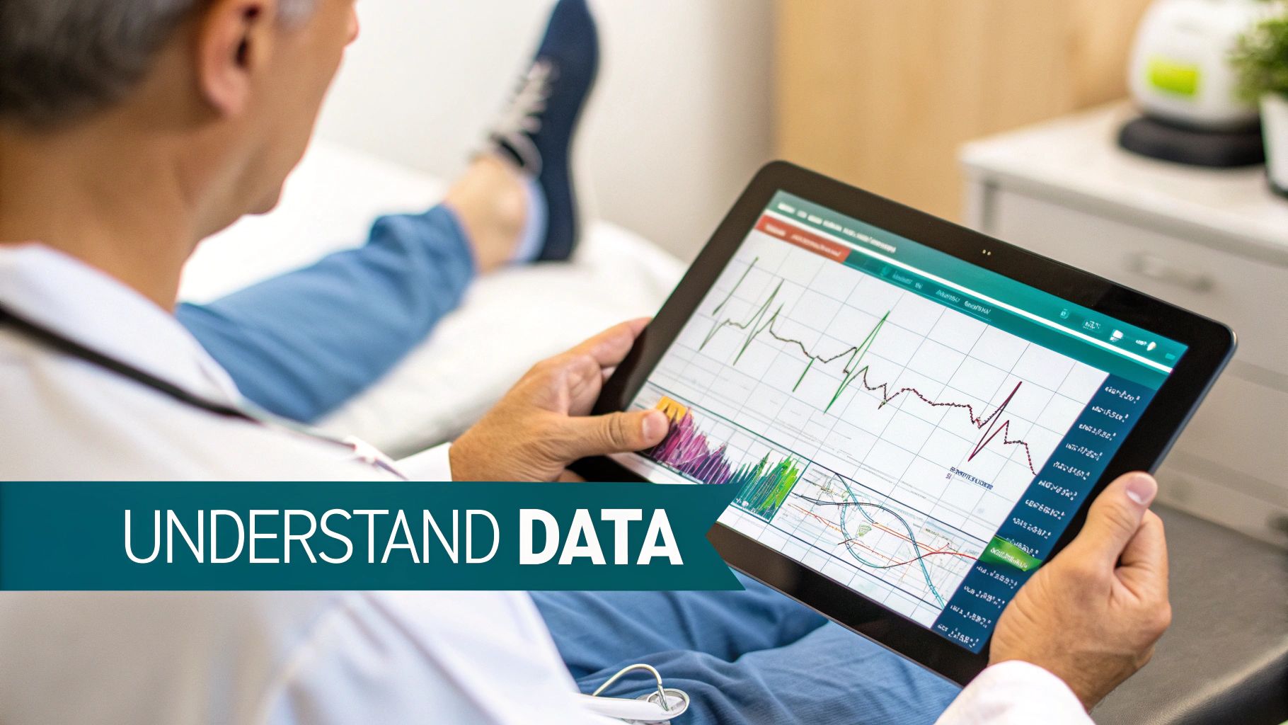 A healthcare professional reviews medical data and charts on a digital tablet, emphasizing understanding data.