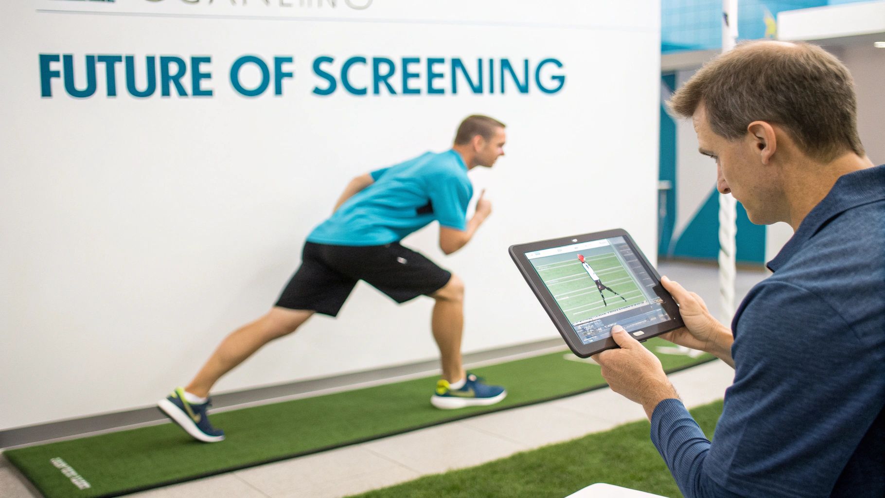 An athlete performs a functional movement screening test while a coach reviews his performance data on a tablet.