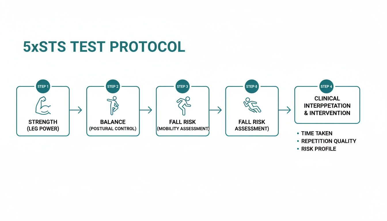 Flowchart illustrating the 5xSTS Test Protocol for assessing strength, balance, and fall risk, leading to clinical interpretation.