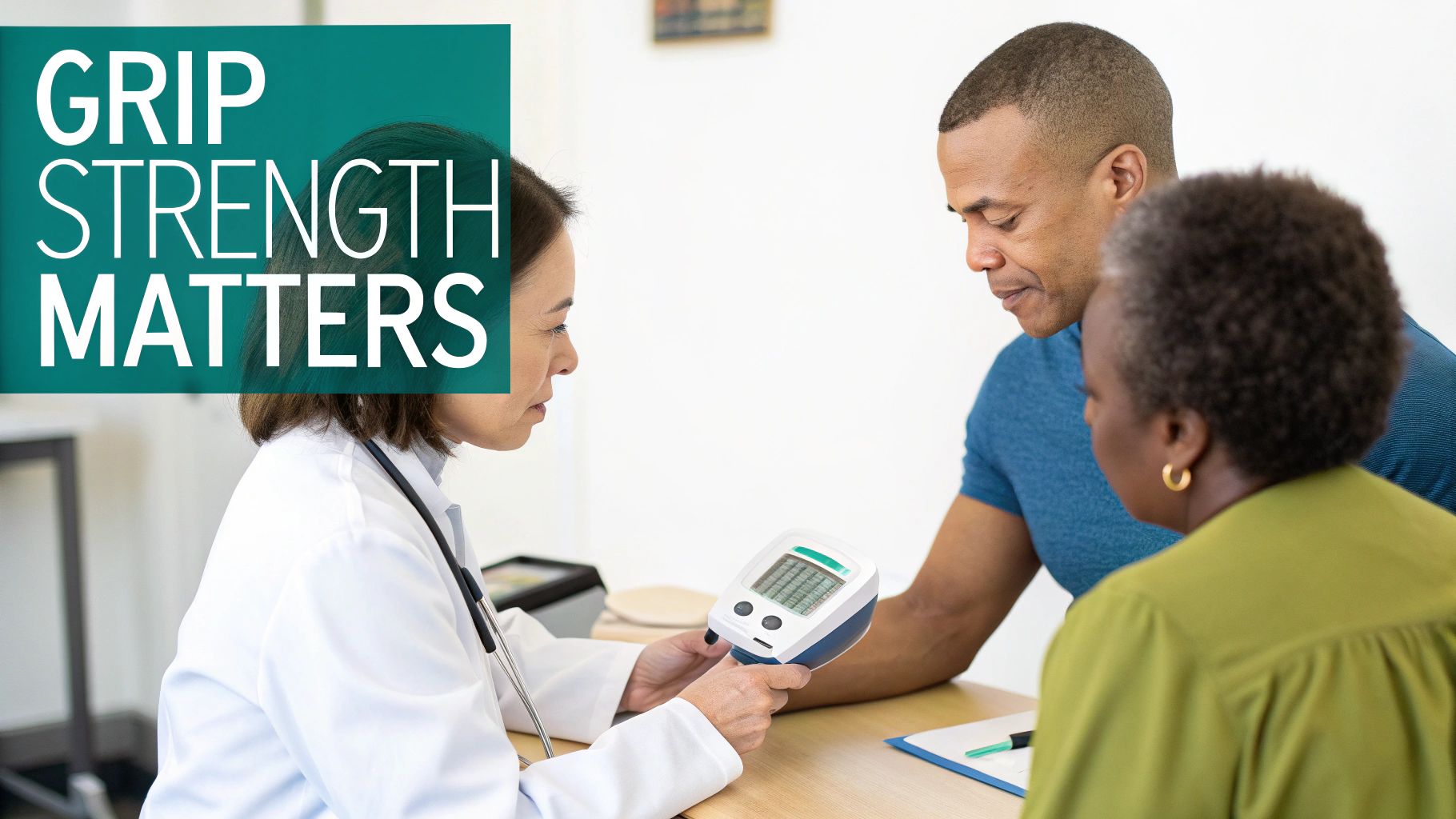 Doctor demonstrating a grip strength dynamometer to a male patient and a female patient.