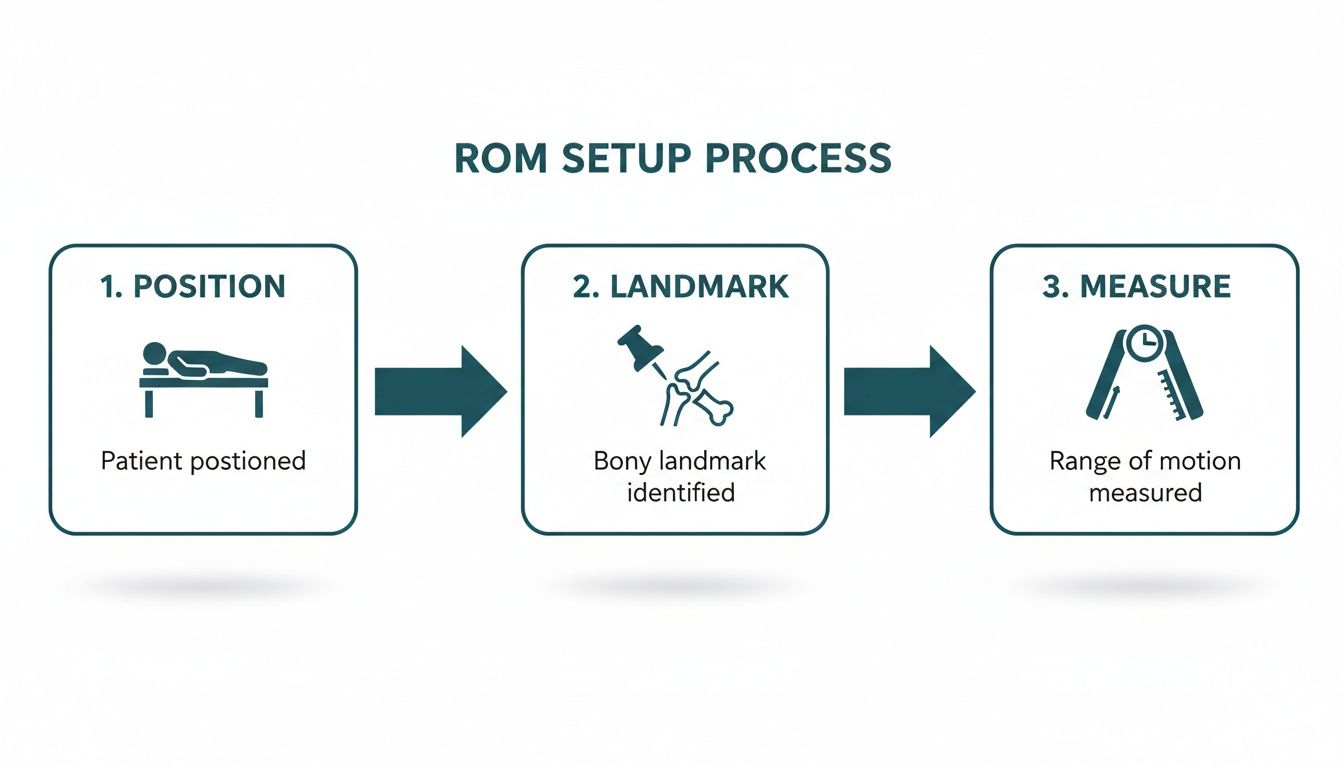 A three-step diagram illustrating the ROM setup process: patient positioning, bony landmark identification, and range of motion measurement.