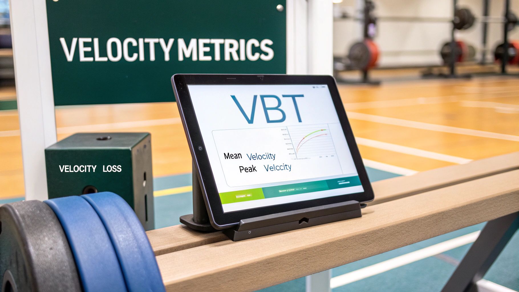 A tablet displays VBT velocity metrics and graphs in a gym, alongside a 'VELOCITY METRICS' sign and weight plates.
