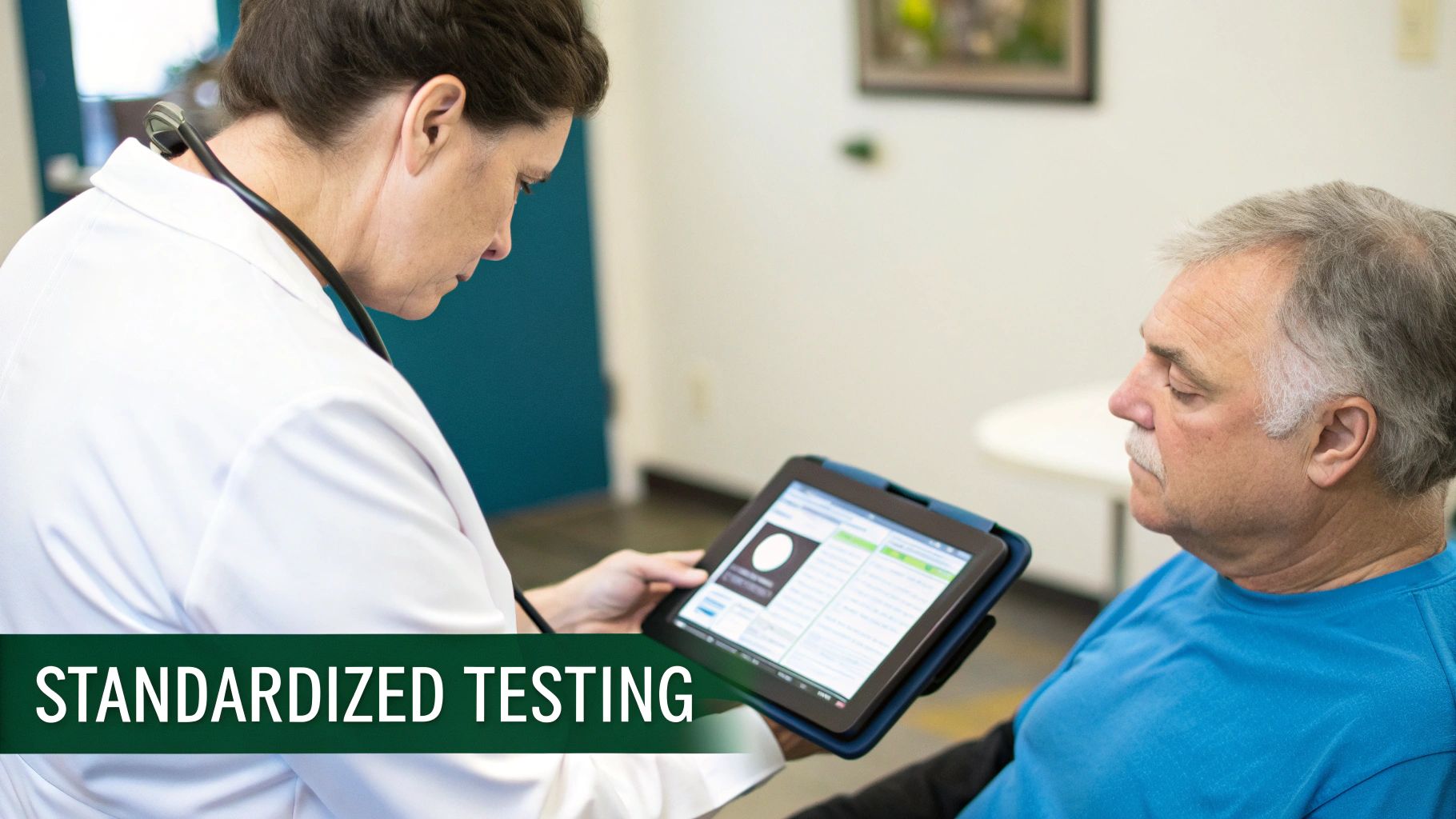 A female doctor and male patient review standardized test results on a tablet in a medical setting.