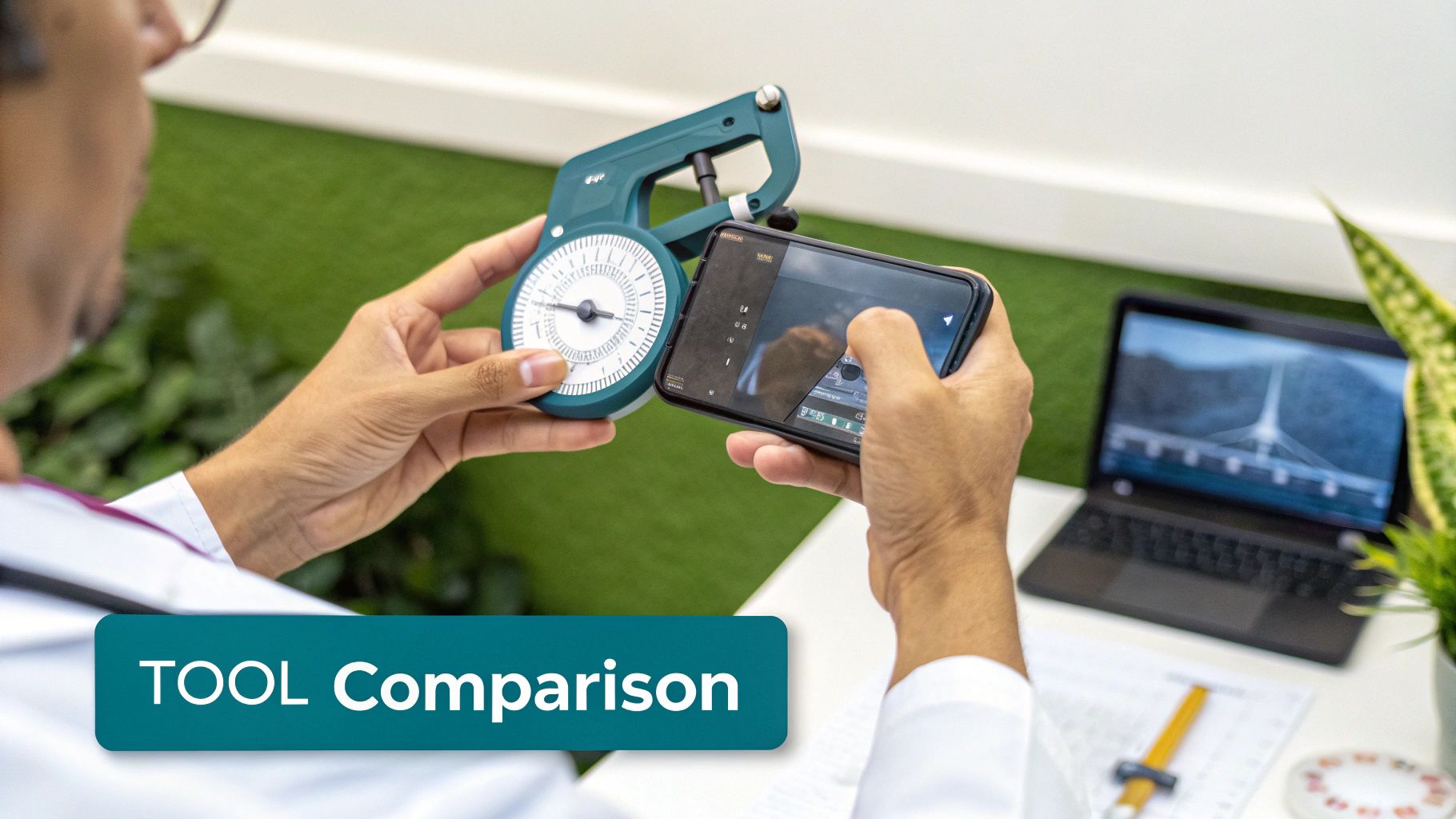 A physical therapist using a modern digital goniometer on a patient's knee.