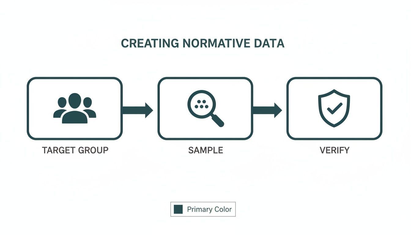 A flowchart illustrates the three steps to creating normative data: target group, sample, and verify.