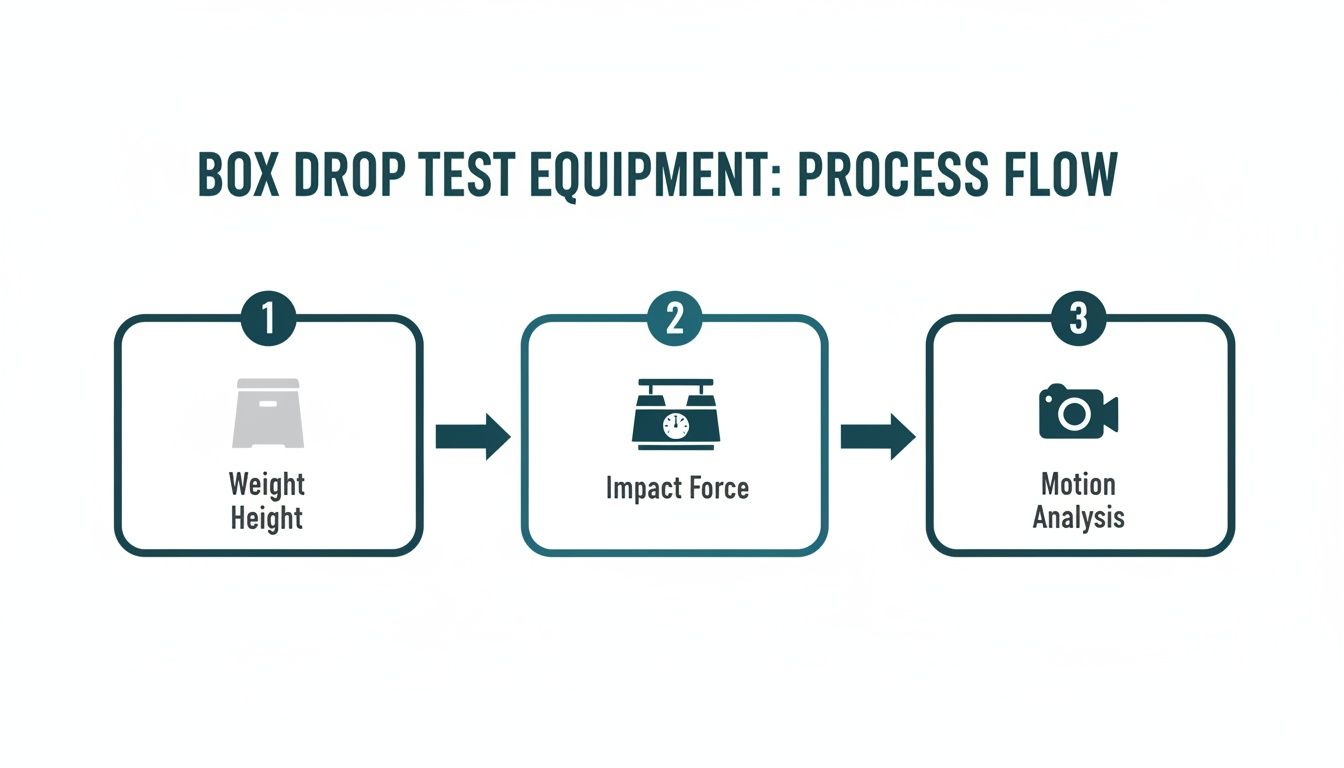 Process flow diagram for box drop testing, detailing steps: weight/height, impact force, and motion analysis.