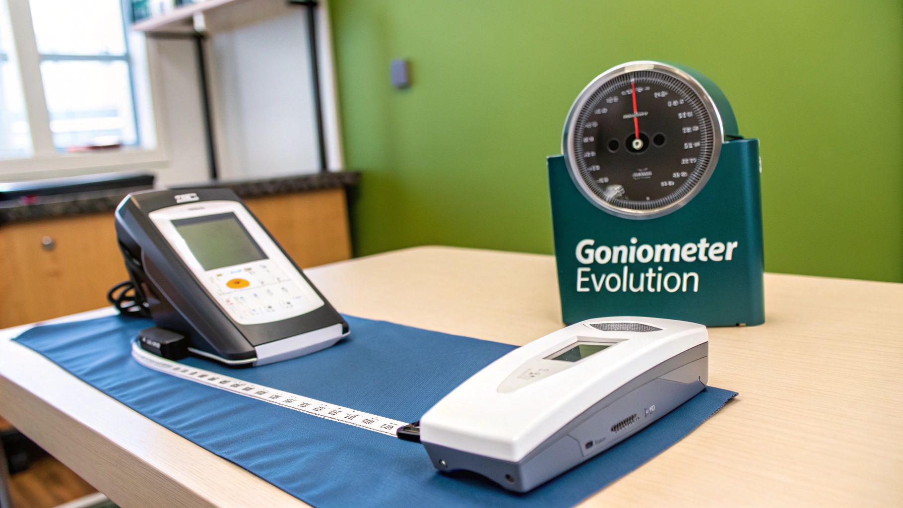 A healthcare professional using a classic goniometer to measure the range of motion of a patient's knee joint