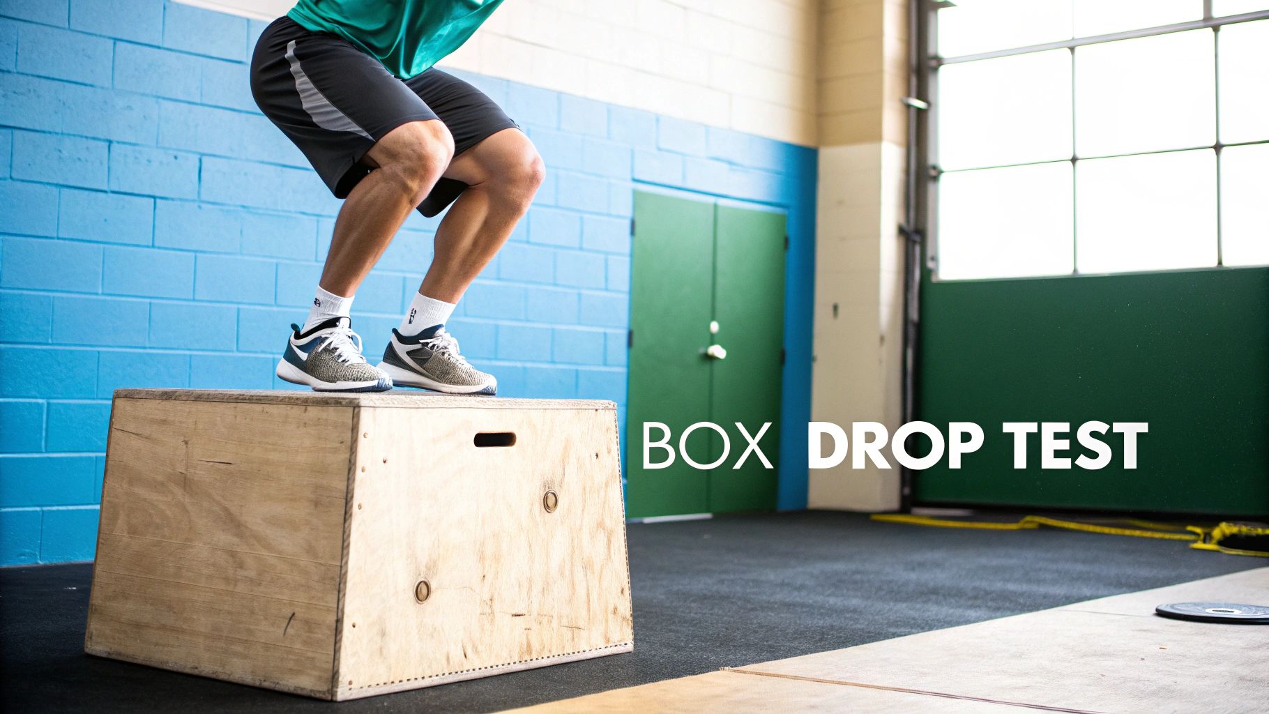 A person performs a box drop test on a wooden plyo box in a gym setting.