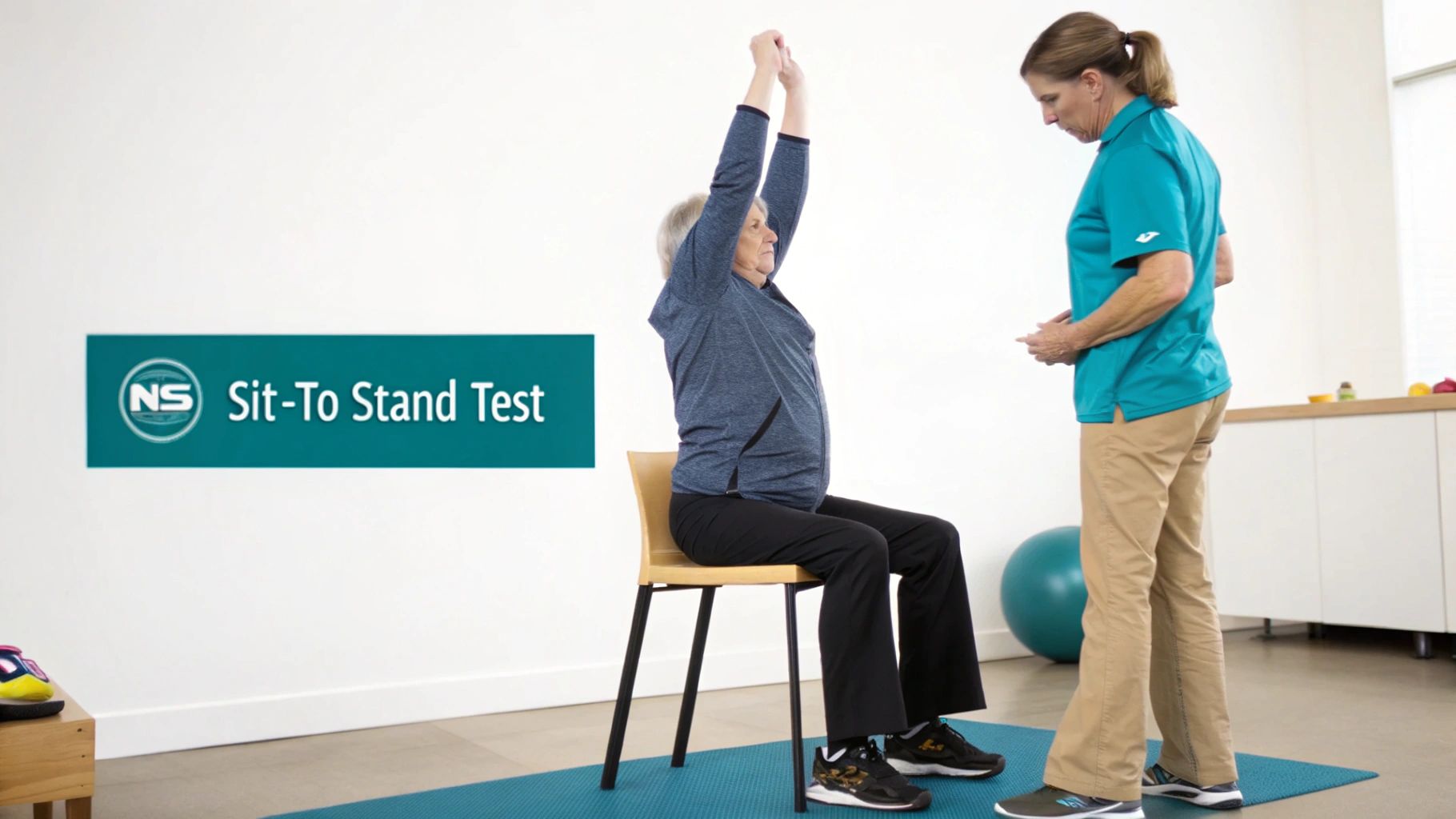 A person performing the sit-to-stand test in a well-lit room.