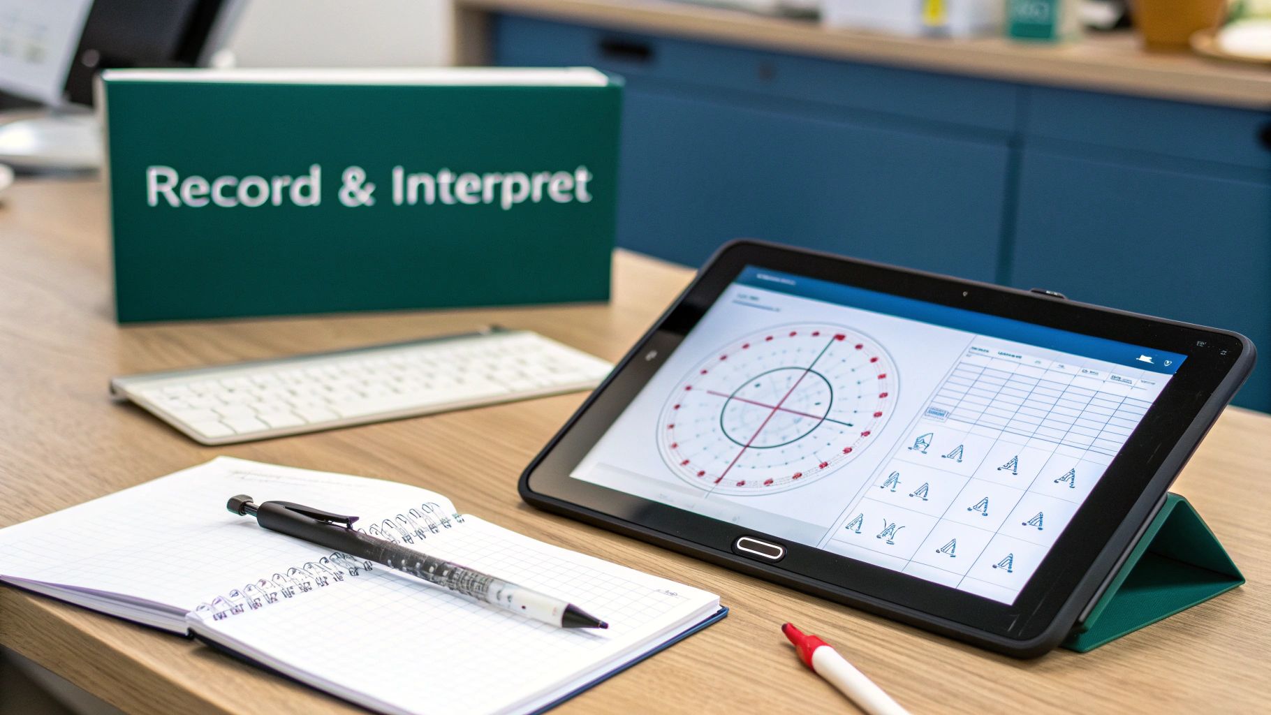A tablet displays goniometer data on a desk with a notebook, pen, and 'Record & Interpret' box.